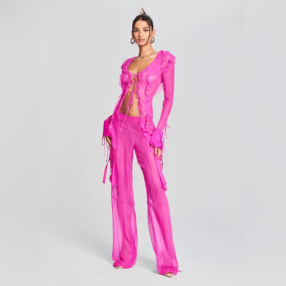 Retrofete Aviva Silk Chiffon Blouse Ruffle Open Tie Neon Pink Fushia - Picture 2 of 5